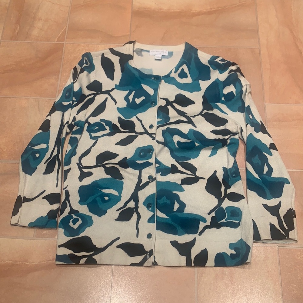Charter Club Women’s Flower Teal & Black Rose Button Down Long Sleeve Cardigan